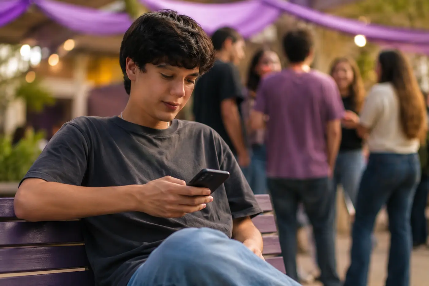 Joven mira pensativo su teléfono después de un encuentro mientras el grupo conversa al fondo